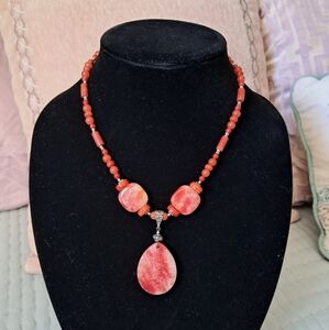 NWOT 18" Handmade Papaya Dyed Jade Sterling Silver Coral Necklace and Pendant